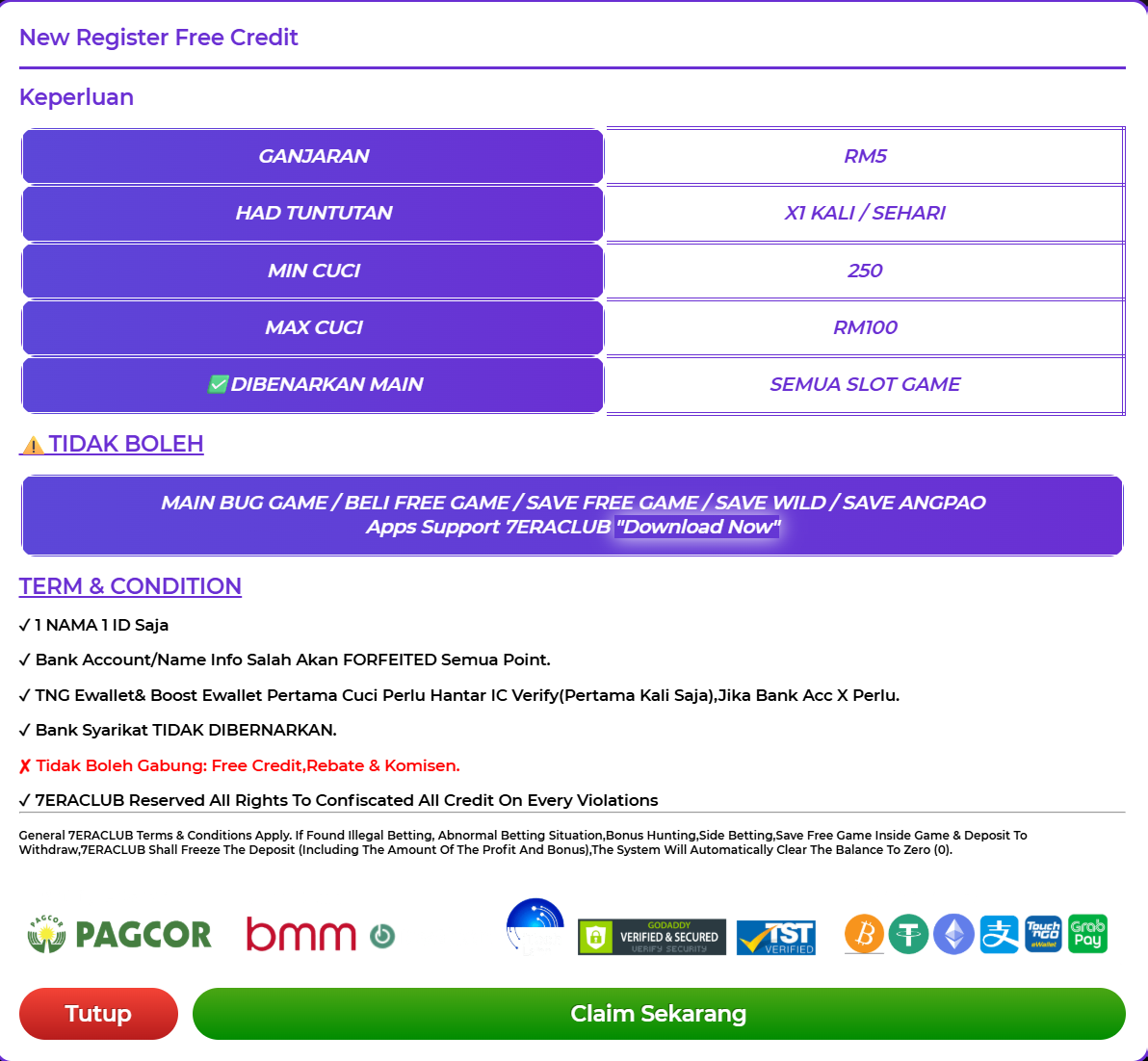 Free Credit RM5 Daftar 7era Club
